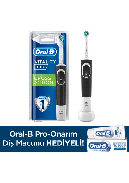 D100 Şarjlı Diş Fırçası Cross Action Siyah + Pro Onarım Diş Macunu 50 ml