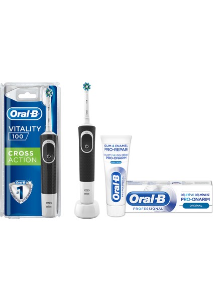 D100 Şarjlı Diş Fırçası Cross Action Siyah + Pro Onarım Diş Macunu 50 ml