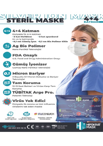 Hipokrat Mask 8 Katlı Cerrahi Maske 10 x 25 Paket