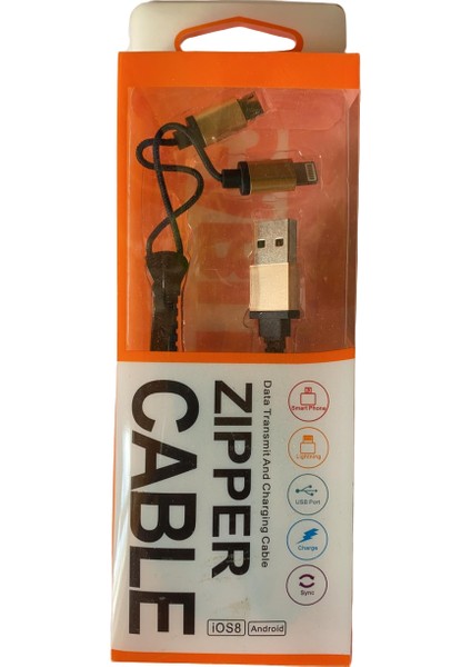 Micro USB ve Lightning Kablosu Altın Sarısı-Siyah