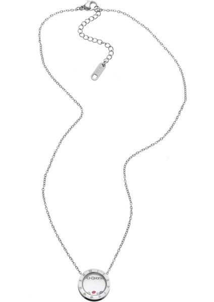 Çelik Zincir Kolye Roma Rakamlı Rondela Zirkon Taşlı - Rodyum