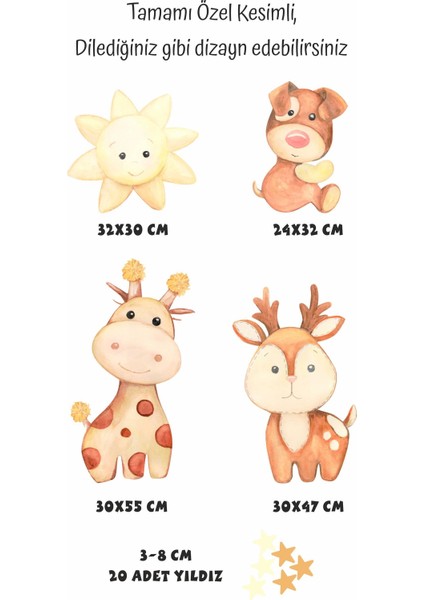 Sevimli Zürafa,köpek,geyik ve Yıldızlar Çocuk Bebek Odası Sticker