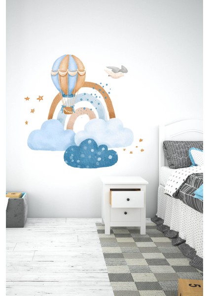 Sevimli Bulutlar Gökkuşağı ve Uçan Balon Mavi Çocuk Odası Sticker modelleri