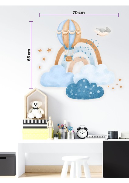 Sevimli Bulutlar Gökkuşağı ve Uçan Balon Mavi Çocuk Odası Sticker fırsatları