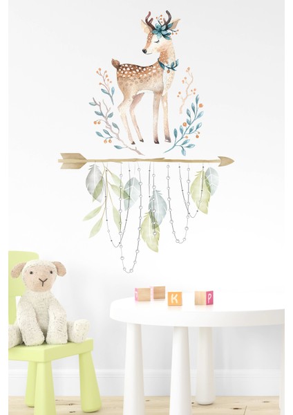 Sevimli Geyik ve Dalda Yapraklar Çocuk Ev Duvar Dekorasyon Sticker