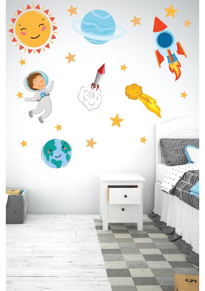 Sevimli Astronot, Uzay Mekiği, Güneş, Yıldızlar Gezegen Sticker Seti Çocuk Bebek Odası