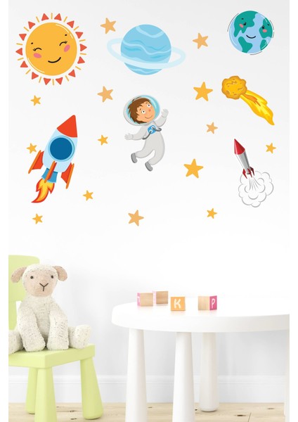 Sevimli Astronot, Uzay Mekiği, Güneş, Yıldızlar Gezegen Sticker Seti Çocuk Bebek Odası fiyatları