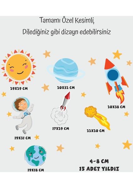 Sevimli Astronot, Uzay Mekiği, Güneş, Yıldızlar Gezegen Sticker Seti Çocuk Bebek Odası modelleri