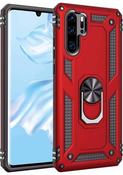Huawei P30 Pro Kapak Military Yüzüklü Stantlı Panzer Tank Kılıf Kırmızı