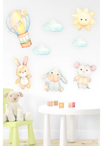 Sevimli Figürler Uçan Balon, Tavşan, Fil, Bulut Sticker Seti