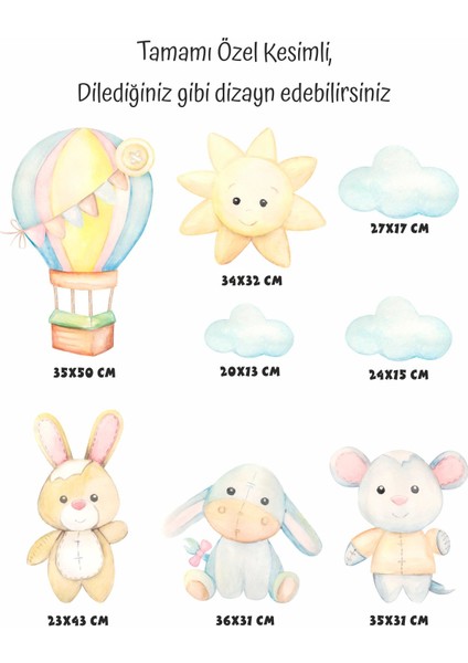 Sevimli Figürler Uçan Balon, Tavşan, Fil, Bulut Sticker Seti modelleri