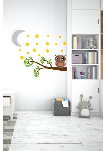 Dalda Sevimli Baykuş Yıldızlar ve Ay Çocuk Bebek Odası Sticker
