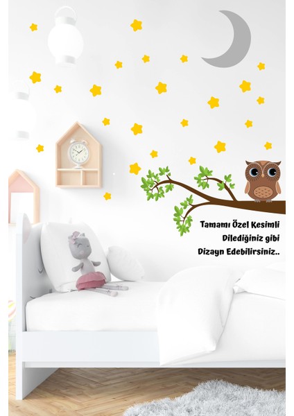 Dalda Sevimli Baykuş Yıldızlar ve Ay Çocuk Bebek Odası Sticker modelleri