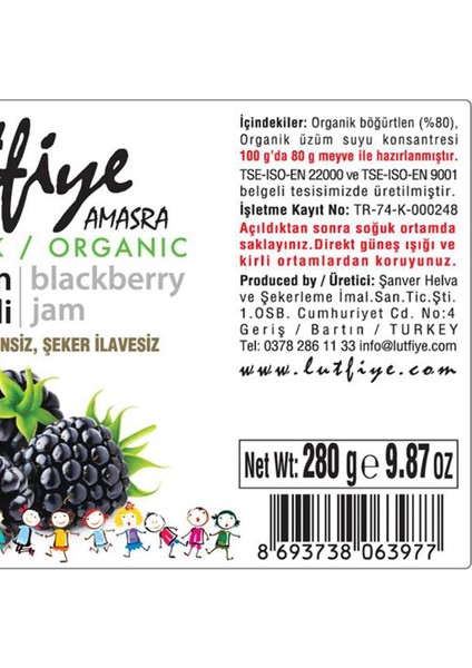 Lutfiye Organik Böğürtlen Reçeli 280 gr