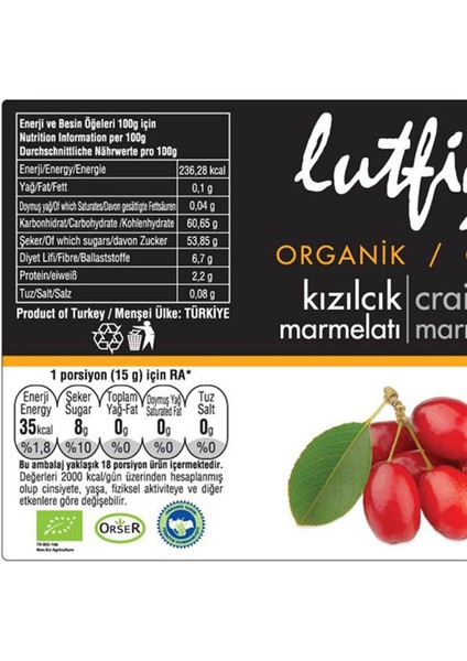 Lutfiye Organik Kızılcık Marmelatı 280 gr