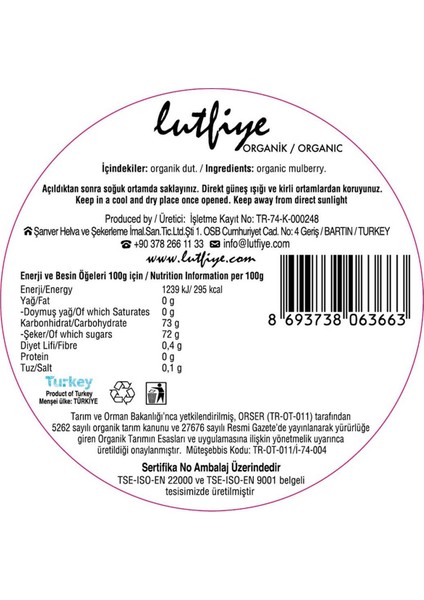 Lutfiye Organik Dut Pekmezi 280 gr fiyatları