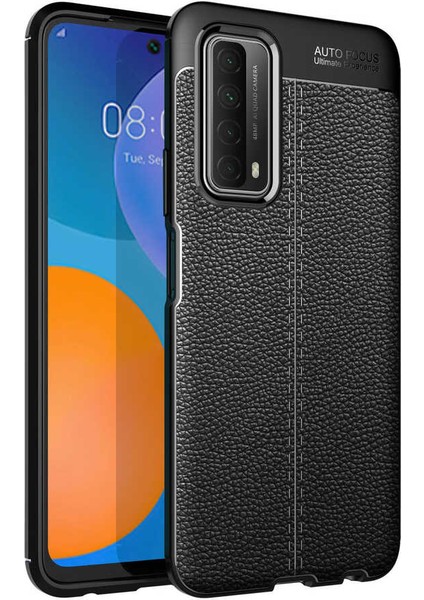 Huawei P Smart 2021 Kılıf Ultra Korumalı Deri Desenli Lüx Niss Silikon Kılıf + Nano Ekran Koruyucu Siyah