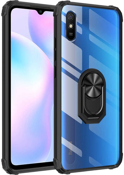 - Xiaomi Redmi 9A - Kılıf Yüzüklü Arkası Şeffaf Koruyucu Mola Kapak - Siyah - T15556