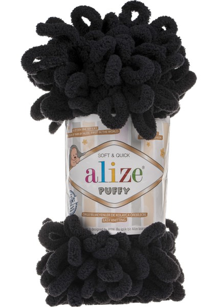 Puffy 60 Siyah Mikropolyester Malzeme ile Şiş ve Tığsız Örme İpliği Tek Parça