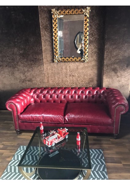 Premium Burgundy Hakiki Deri Chesterfield