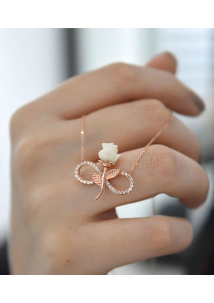 925 Ayar Gümüş Sonsuzluk Beyaz Gül Kolye