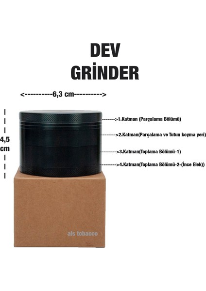 Als Büyük Metal Grinder (4 Katman-Mega Boy), Sigara Tütün Öğütücü- 63 mm