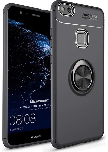 Huawei P10 Lite Kılıf Kickstand Ring Holder Siyah
