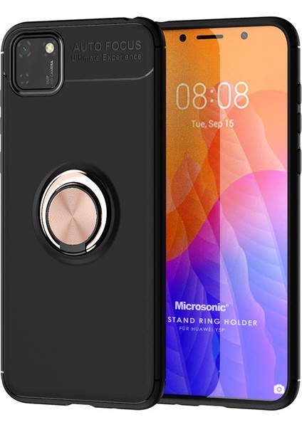 Huawei Y5P Kılıf Kickstand Ring Holder Siyah Rose