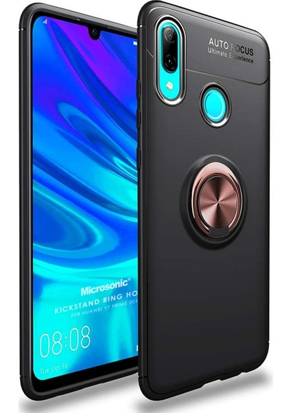 Huawei Y7 2019 Kılıf Kickstand Ring Holder Siyah Rose