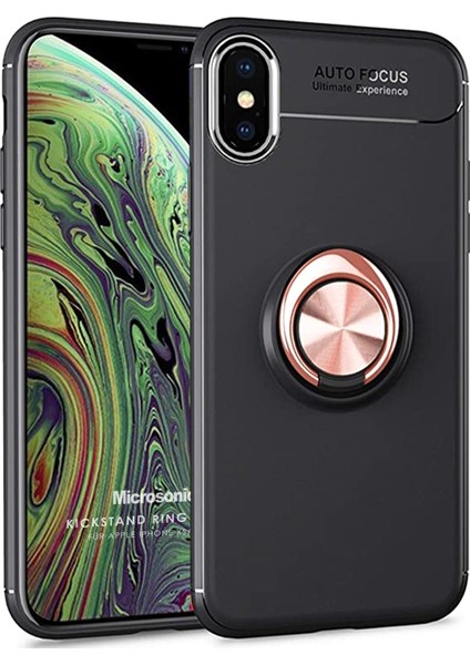 Apple iPhone X Kılıf Kickstand Ring Holder Siyah Rose