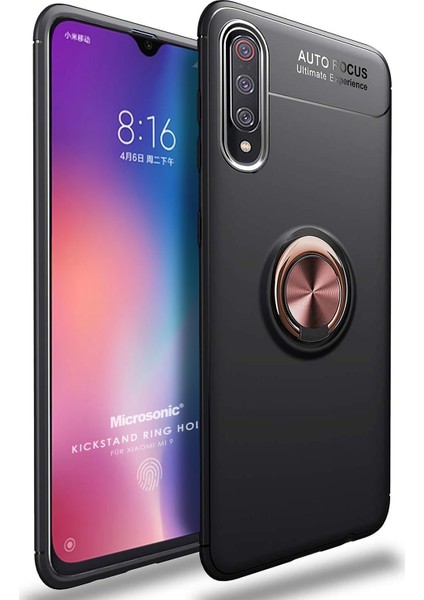 Xiaomi Mi 9 Kılıf Kickstand Ring Holder Siyah Rose