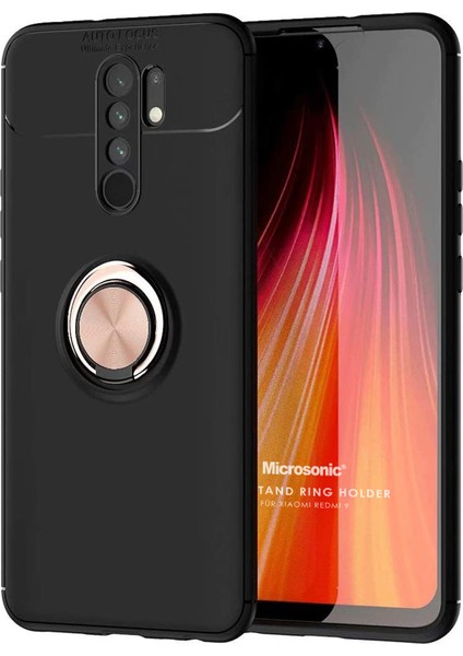 Xiaomi Redmi 9 Kılıf Kickstand Ring Holder Siyah Rose