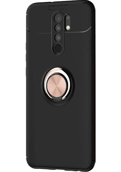 Xiaomi Redmi 9 Kılıf Kickstand Ring Holder Siyah Rose