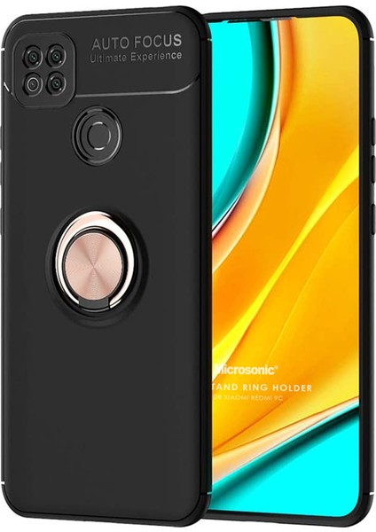 Xiaomi Redmi 9C Kılıf Kickstand Ring Holder Siyah Rose