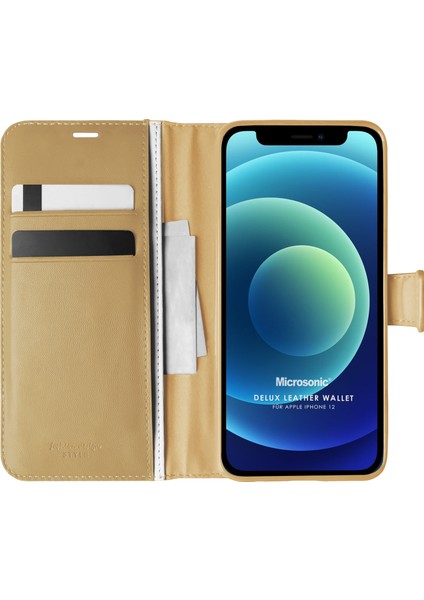 Apple iPhone 12 Kılıf Delux Leather Wallet Gold