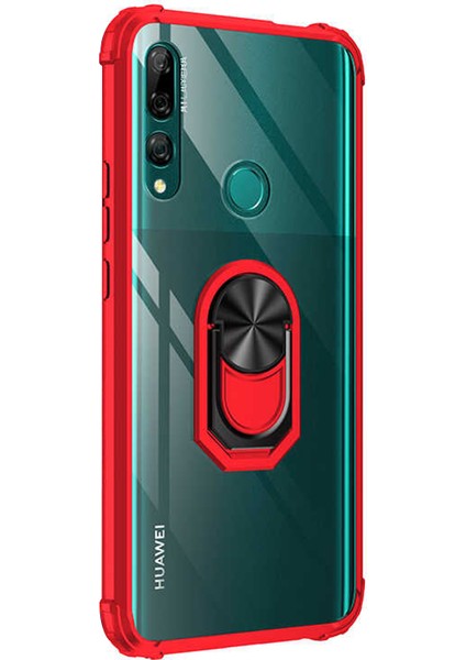 Huawei Y9 Prime 2019 Kılıf Grande Clear Ring Holder Kırmızı