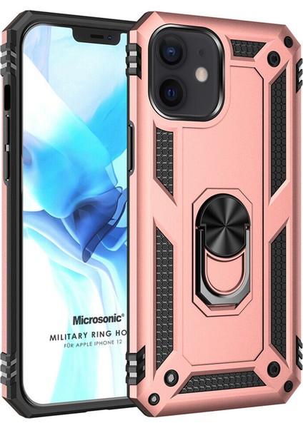 Apple iPhone 12 Kılıf Military Ring Holder Rose Gold