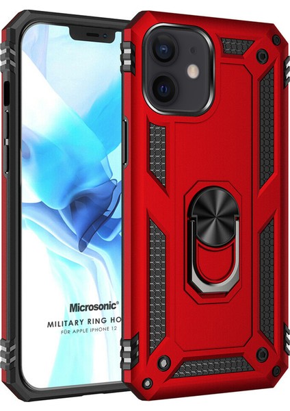 Apple iPhone 12 Kılıf Military Ring Holder Kırmızı