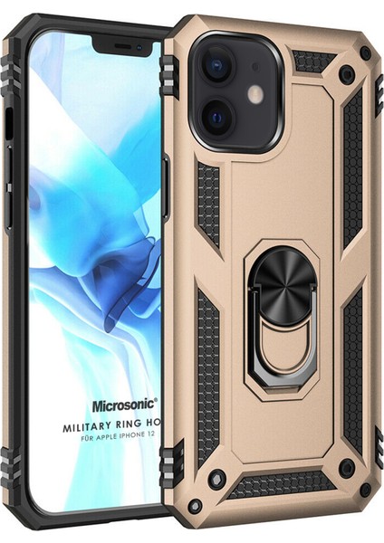 Apple iPhone 12 Kılıf Military Ring Holder Gold