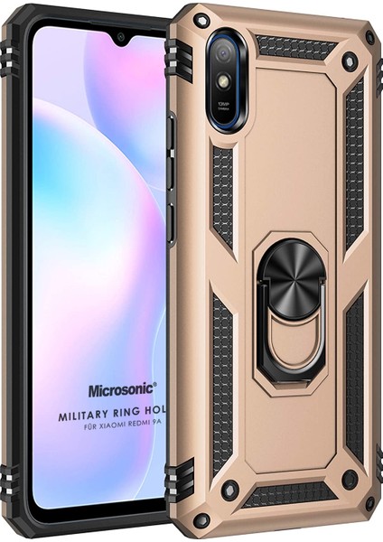 Xiaomi Redmi 9A Kılıf Military Ring Holder Gold