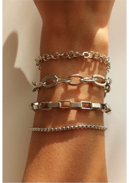 X-lady Kadın Gümüş Dörtlü Bileklik Seti 4 Parça Ayarlanabilir Kararmaya Karşı Kaplama