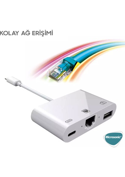 Lightning To Ethernet & USB Adapter Kablo, iPhone Uyumlu, iPad USB, Ethernet Dönüştürücü Adaptör Beyaz