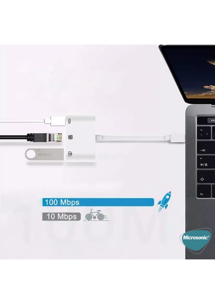 Lightning To Ethernet & USB Adapter Kablo, iPhone Uyumlu, iPad USB, Ethernet Dönüştürücü Adaptör Beyaz