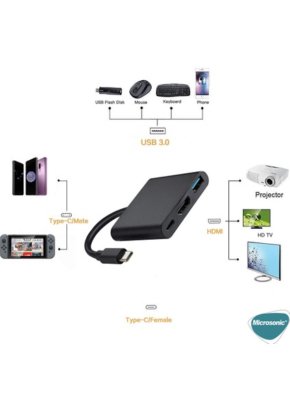 Type-C To HDTV Multi-Adapter 3 In 1 HDMI & USB & Type-C Macbook Kablo Adaptör Siyah