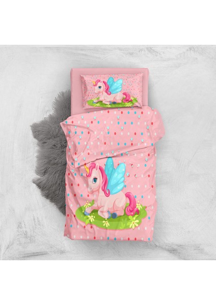 Pink Unicorn 3D Pamuk Saten Bebek Nevresim Takımı