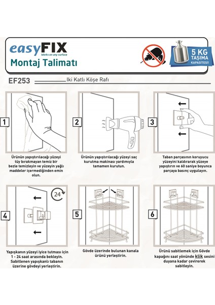 Easyfıx Askılı 2 Katlı Banyo Köşe Rafı Mat Siyah EF253