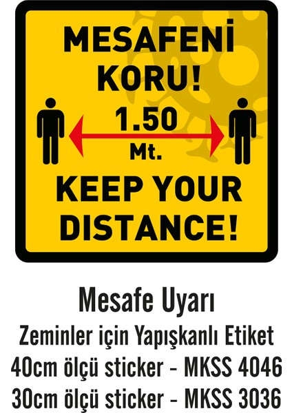 Sosyal Mesafe Uyarı Sticker - Kare Etiket Türkçe - Ingilizce