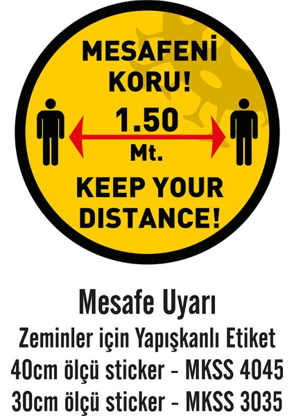 Sosyal Mesafe Uyarı Sticker - Yuvarlak Etiket Türkçe - Ingilizce