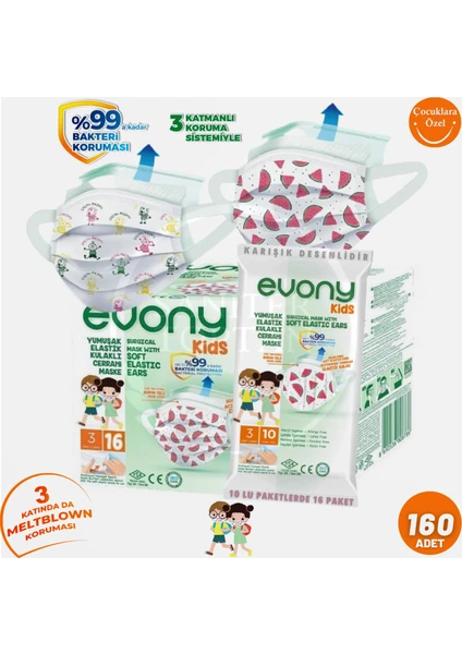 Evony Kids Cerrahi Maske 10'lu 16 Paket = 160 Adet