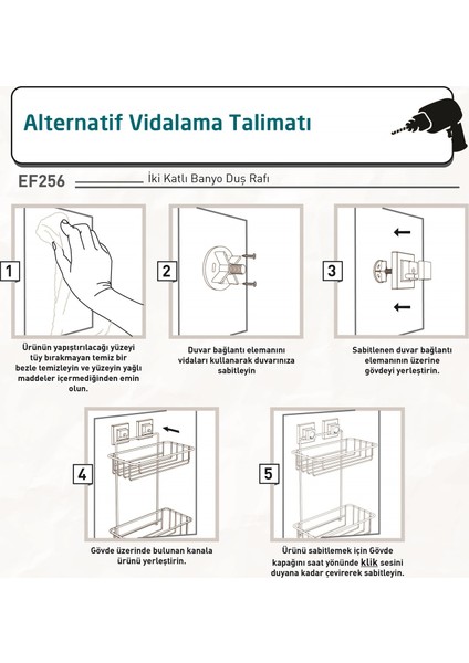 Teknotel Delme Vida Matkap Yok! Easyfıx Yapışkanlı 2 Katlı Banyo Rafı Mat Siyah EF256